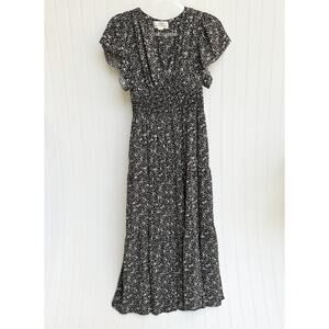 Trovata Birds of Paradis Floral Midi Dress Smocked Waist Flutter Sleeve Small